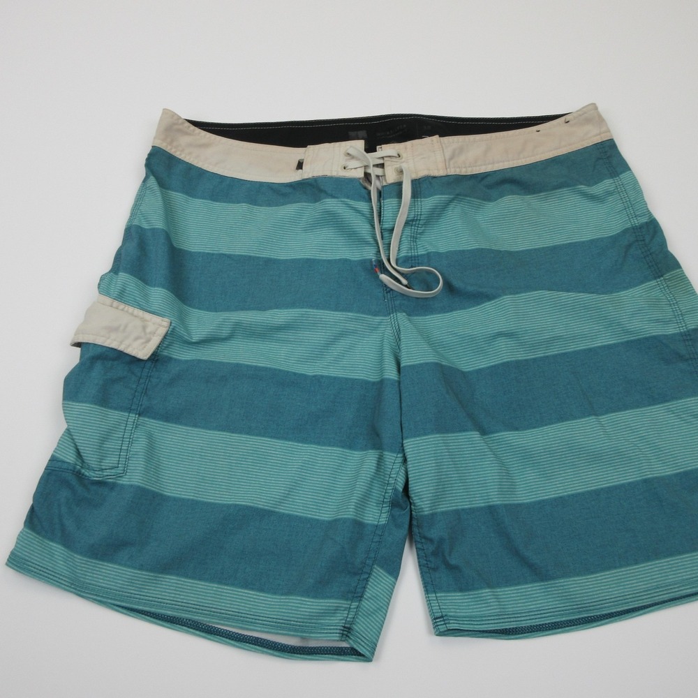 Quiksilver Board Shorts Mens 38 Blue Green Striped Surf Swim Trunks Stretch